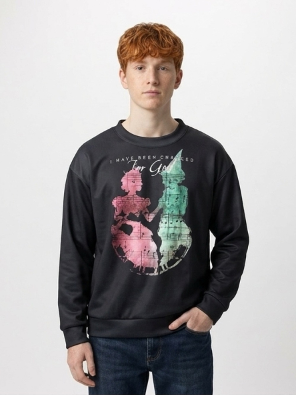 Black Crewneck Sweater with Pink & Green Graphic